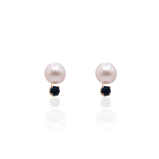5mm Pearl Stud Earrings with Sapphires 14K Yellow Gold 0.16cttw Sapphires
