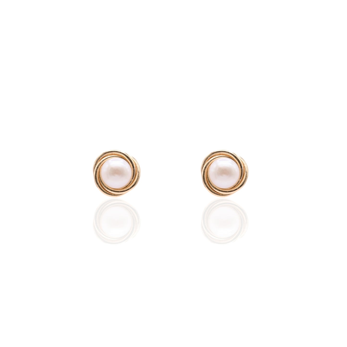 6mm Small Pearl Round Twist Knot Stud Earrings 14K Yellow Gold