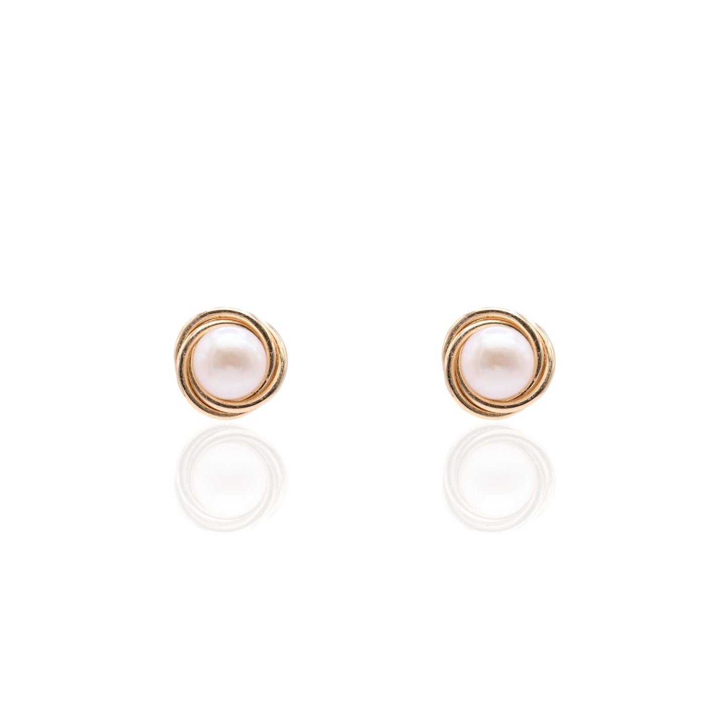 6mm Small Pearl Round Twist Knot Stud Earrings 14K Yellow Gold
