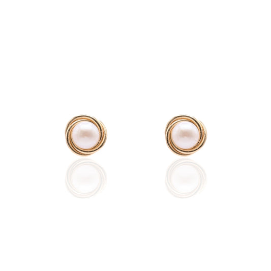 6mm Small Pearl Round Twist Knot Stud Earrings 14K Yellow Gold