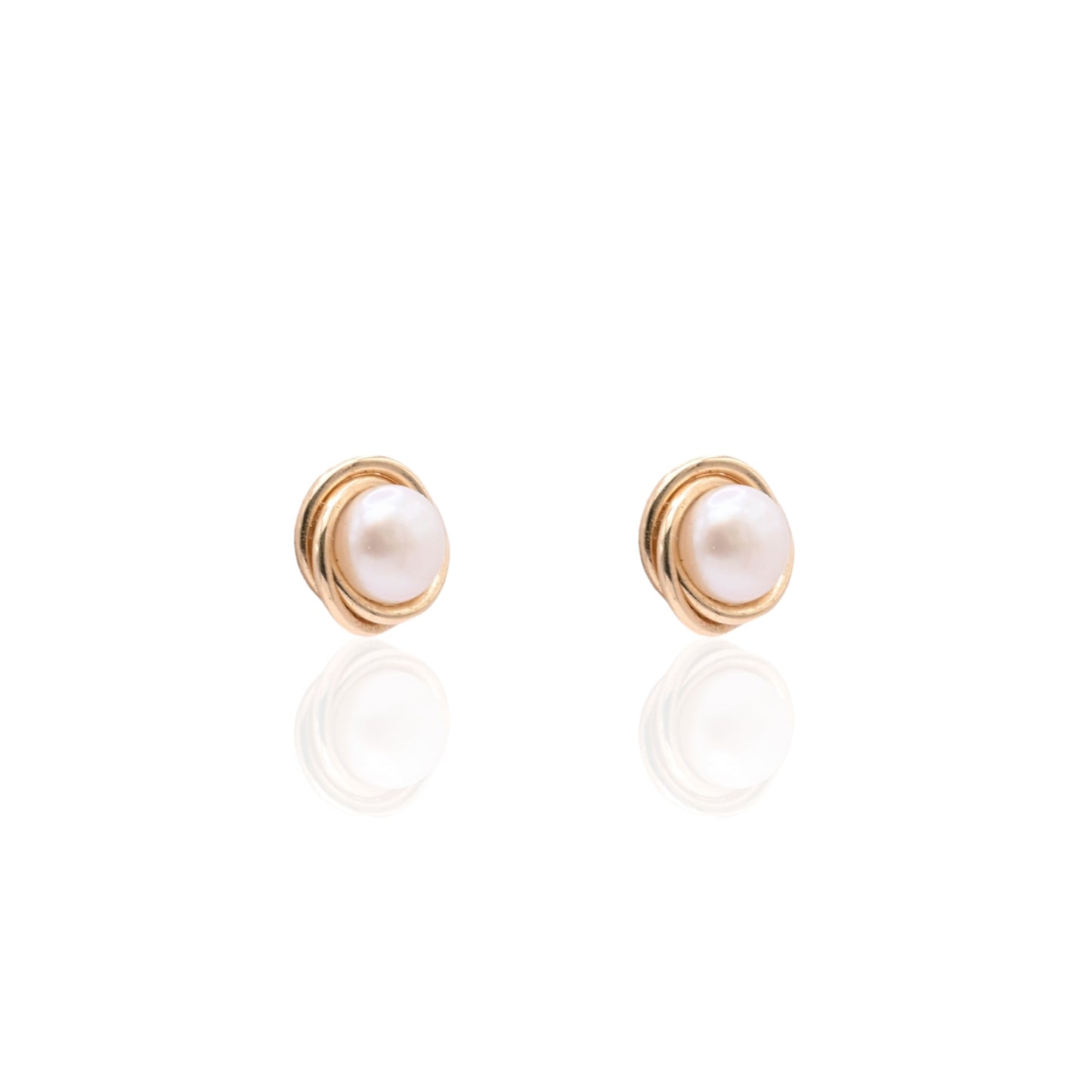 6mm Small Pearl Round Twist Knot Stud Earrings 14K Yellow Gold