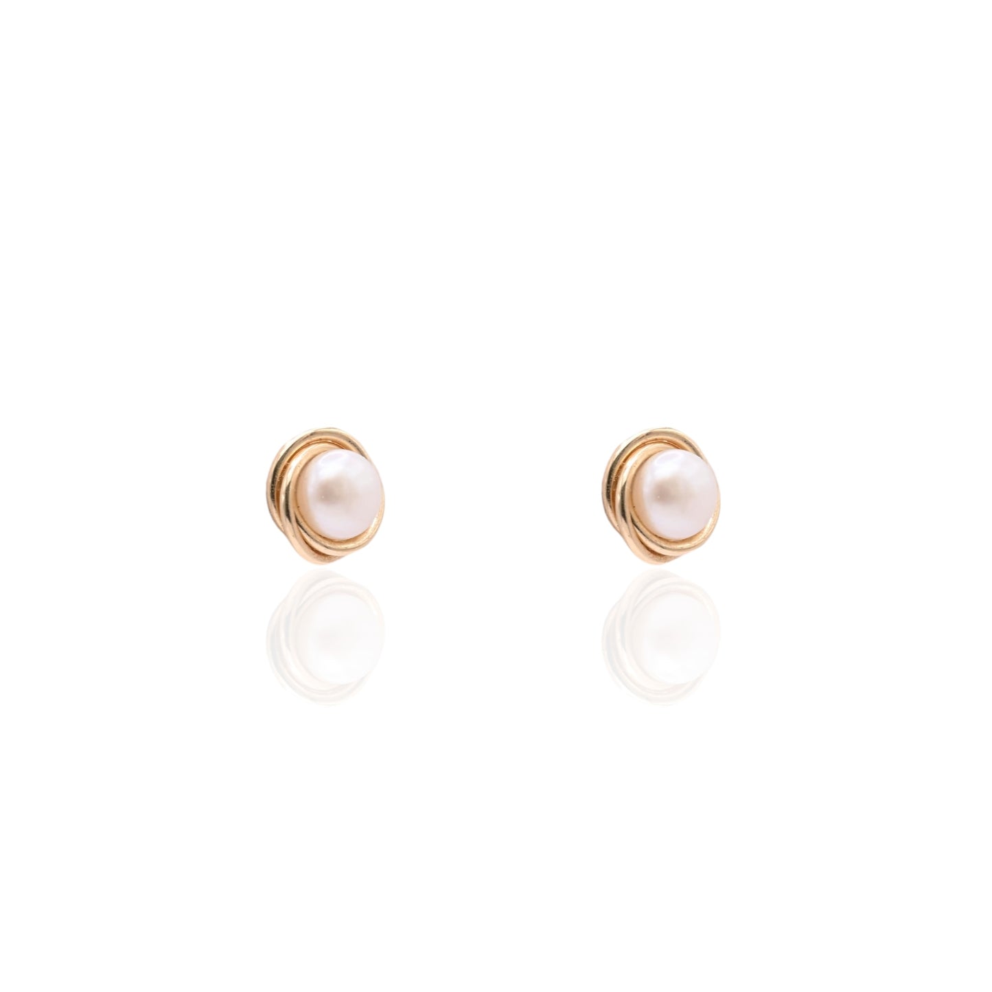 6mm Small Pearl Round Twist Knot Stud Earrings 14K Yellow Gold