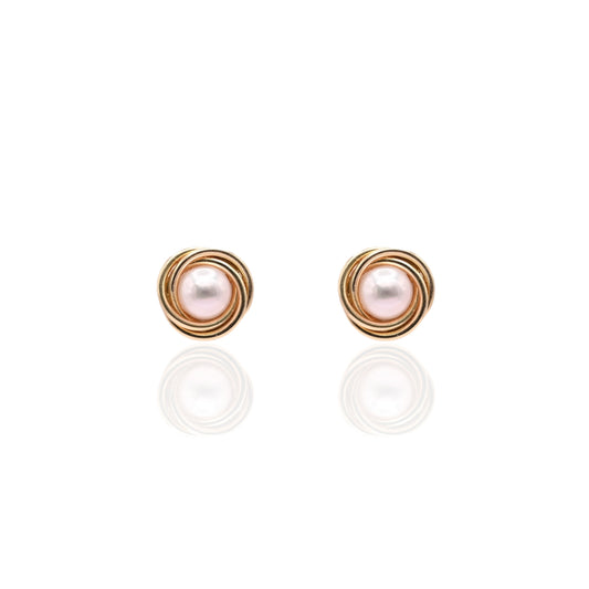 6mm Medium Pearl Round Twist Knot Stud Earrings 14K Yellow Gold