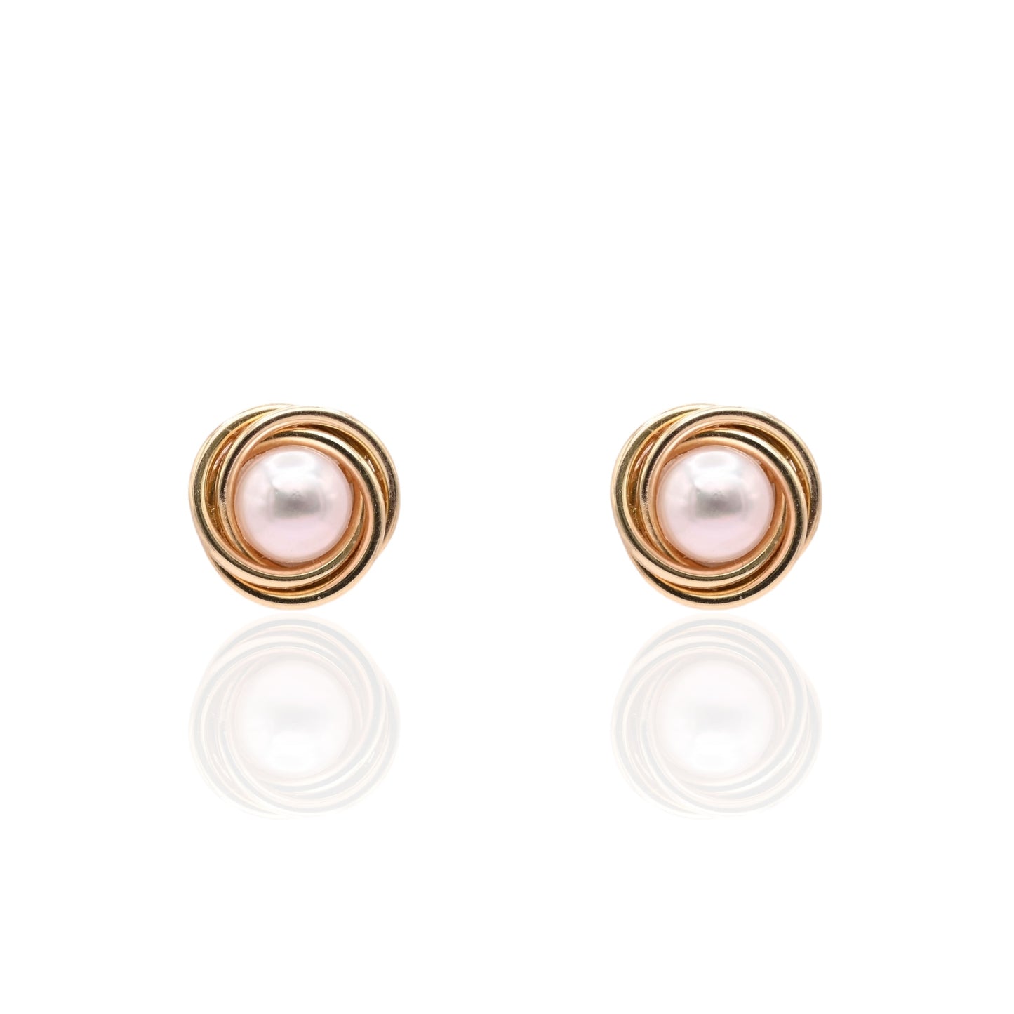 6mm Medium Pearl Round Twist Knot Stud Earrings 14K Yellow Gold