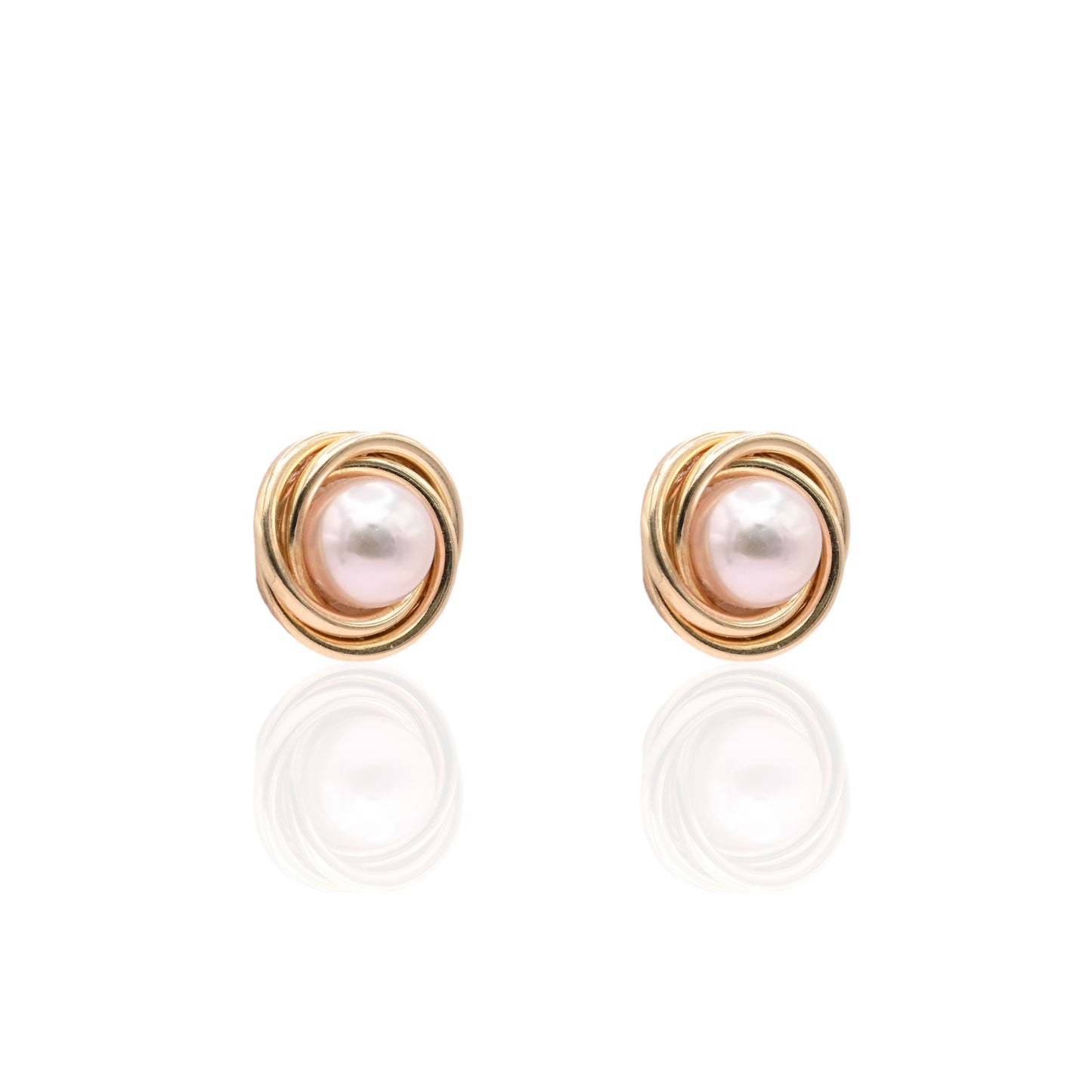 6mm Medium Pearl Round Twist Knot Stud Earrings 14K Yellow Gold