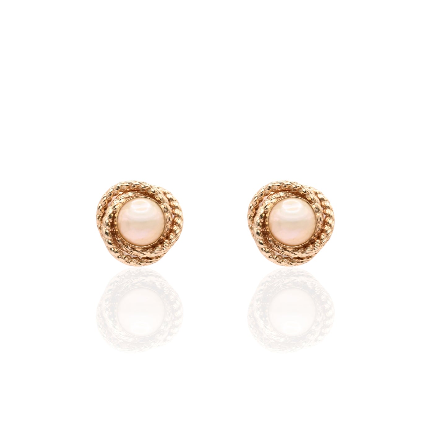 7mm Yellow Pearl Round Rope Twist Knot Stud Earrings 14K Yellow Gold with Butterfly Backs