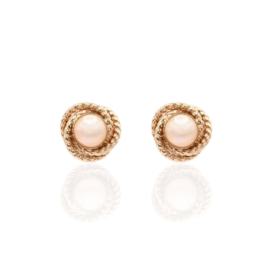 7mm Yellow Pearl Round Rope Twist Knot Stud Earrings 14K Yellow Gold with Butterfly Backs