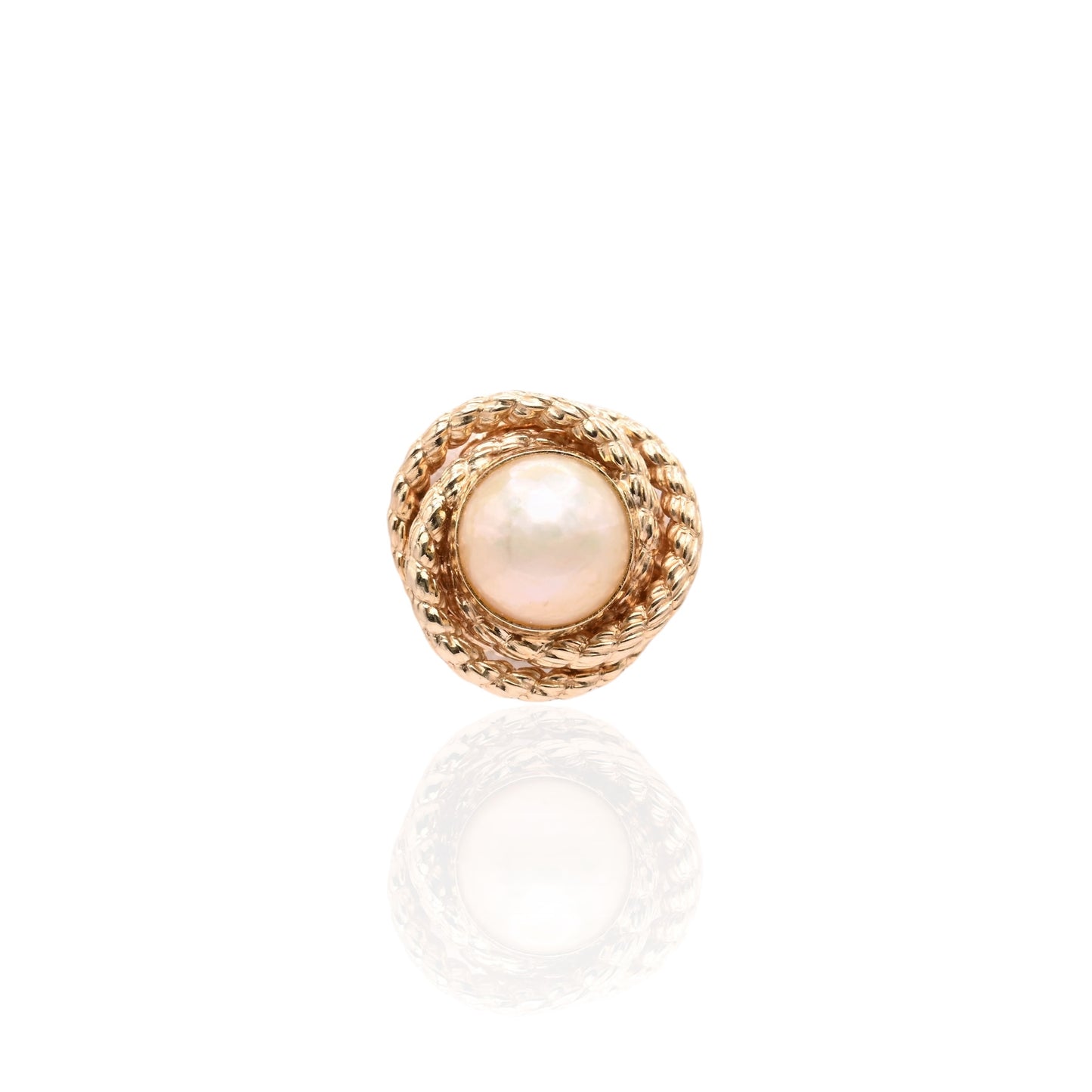 7mm Yellow Pearl Round Rope Twist Knot Stud Earrings 14K Yellow Gold with Butterfly Backs