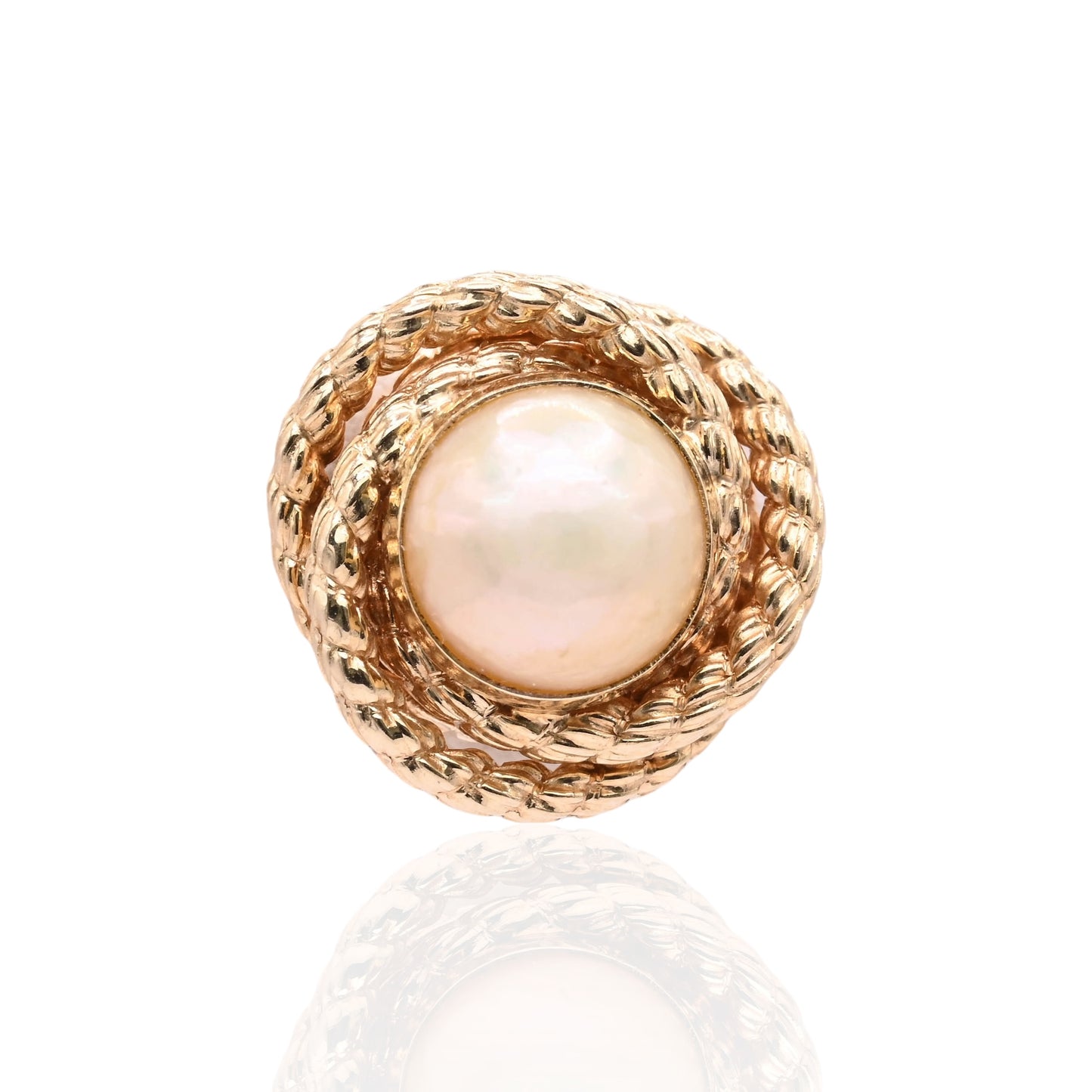 7mm Yellow Pearl Round Rope Twist Knot Stud Earrings 14K Yellow Gold with Butterfly Backs