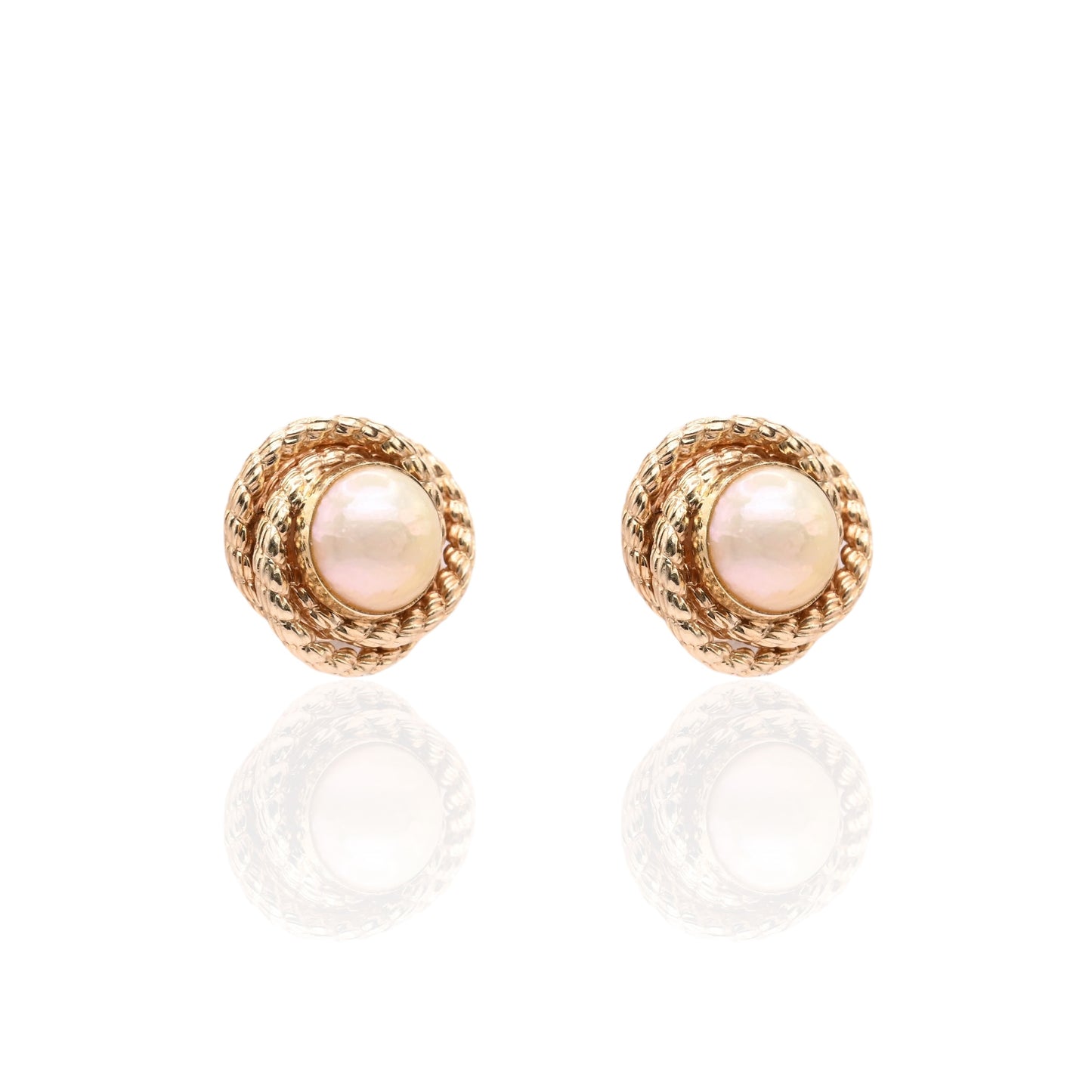 7mm Yellow Pearl Round Rope Twist Knot Stud Earrings 14K Yellow Gold with Butterfly Backs