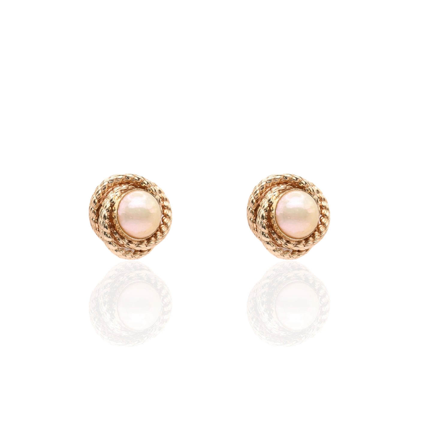 7mm Yellow Pearl Round Rope Twist Knot Stud Earrings 14K Yellow Gold with Butterfly Backs