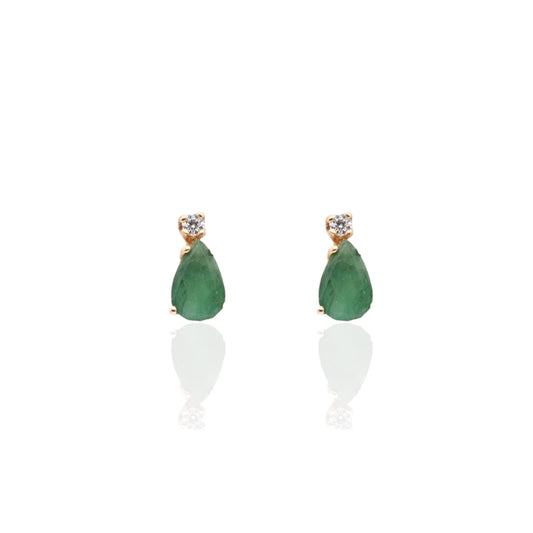 Teardrop Emerald and Cubic Zirconia Stud Earrings 14K Yellow Gold 1.16cttw Emerald