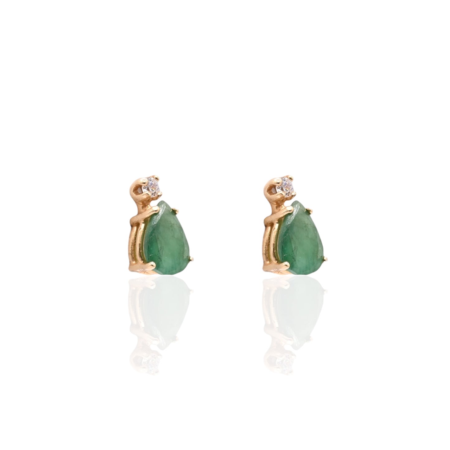 Teardrop Emerald and Cubic Zirconia Stud Earrings 14K Yellow Gold 1.16cttw Emerald