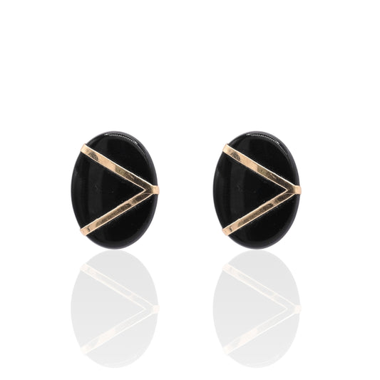 Oval Onyx Geometric Earrings 14K Yellow Gold