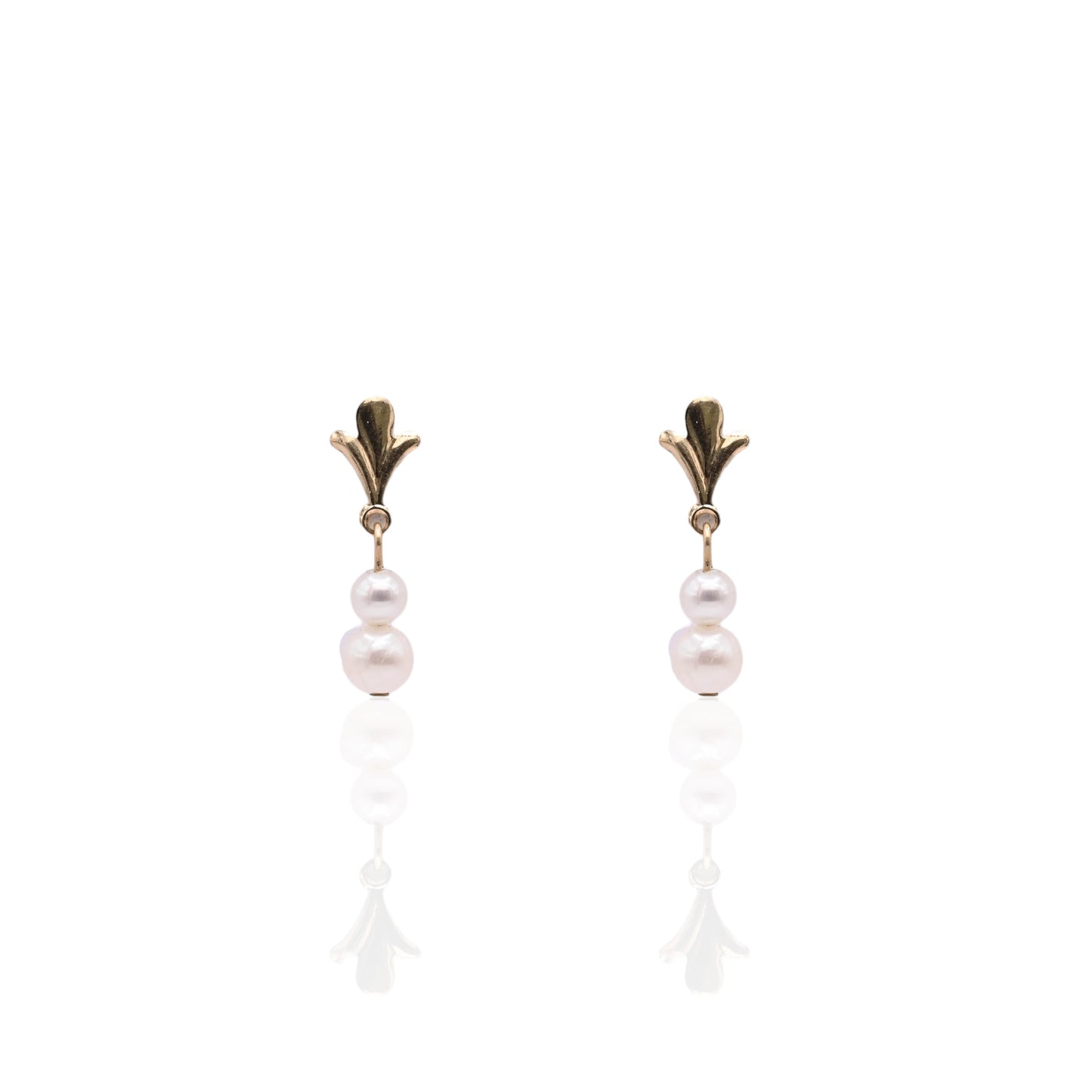 Double Pearl Flourished Dangle Earrings 14K Yellow Gold