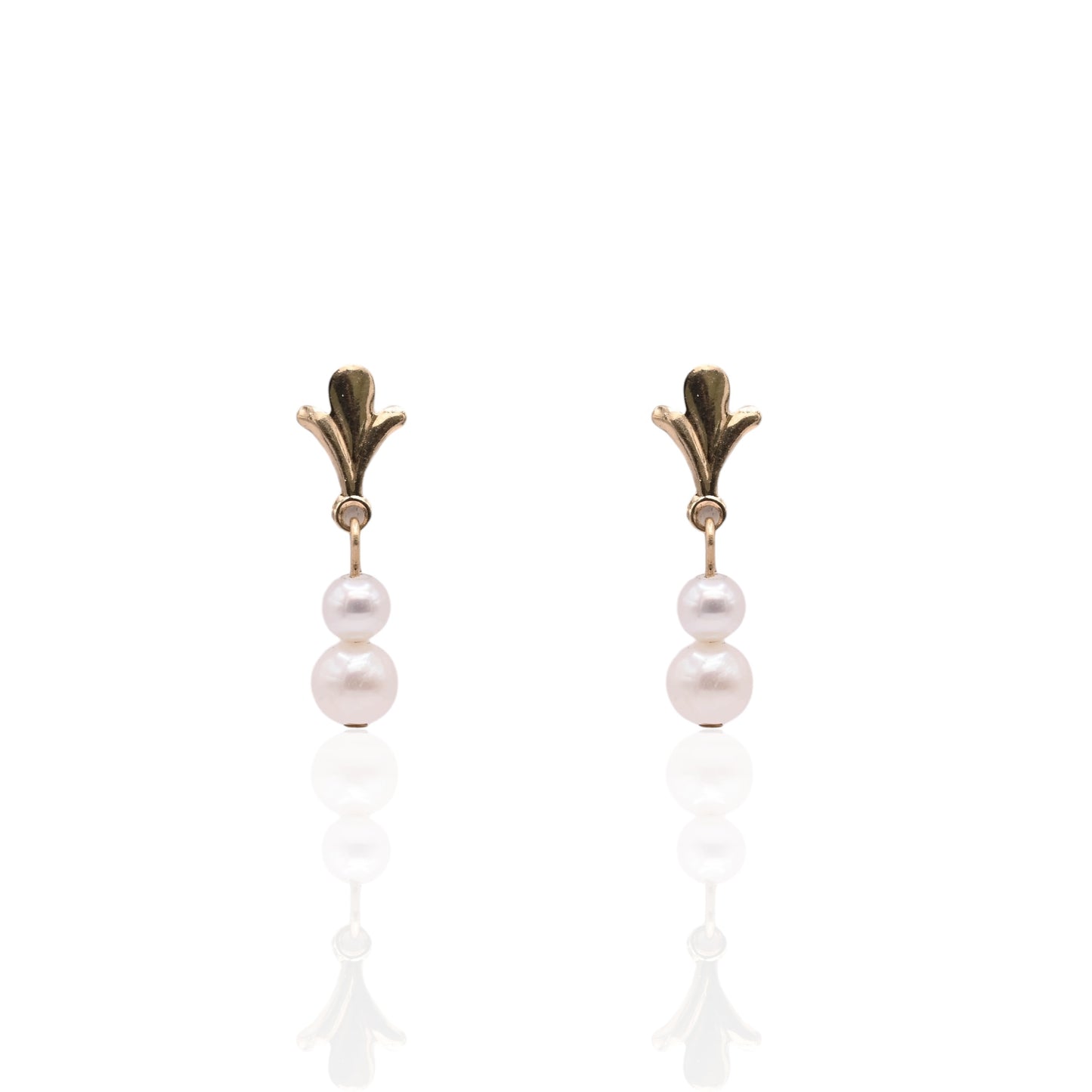 Double Pearl Flourished Dangle Earrings 14K Yellow Gold