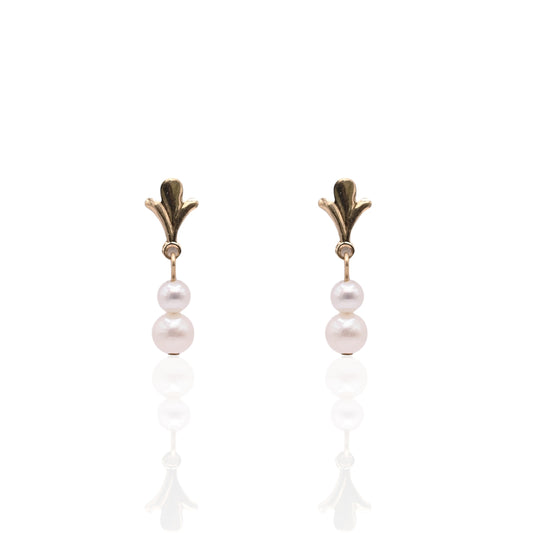 Double Pearl Flourished Dangle Earrings 14K Yellow Gold