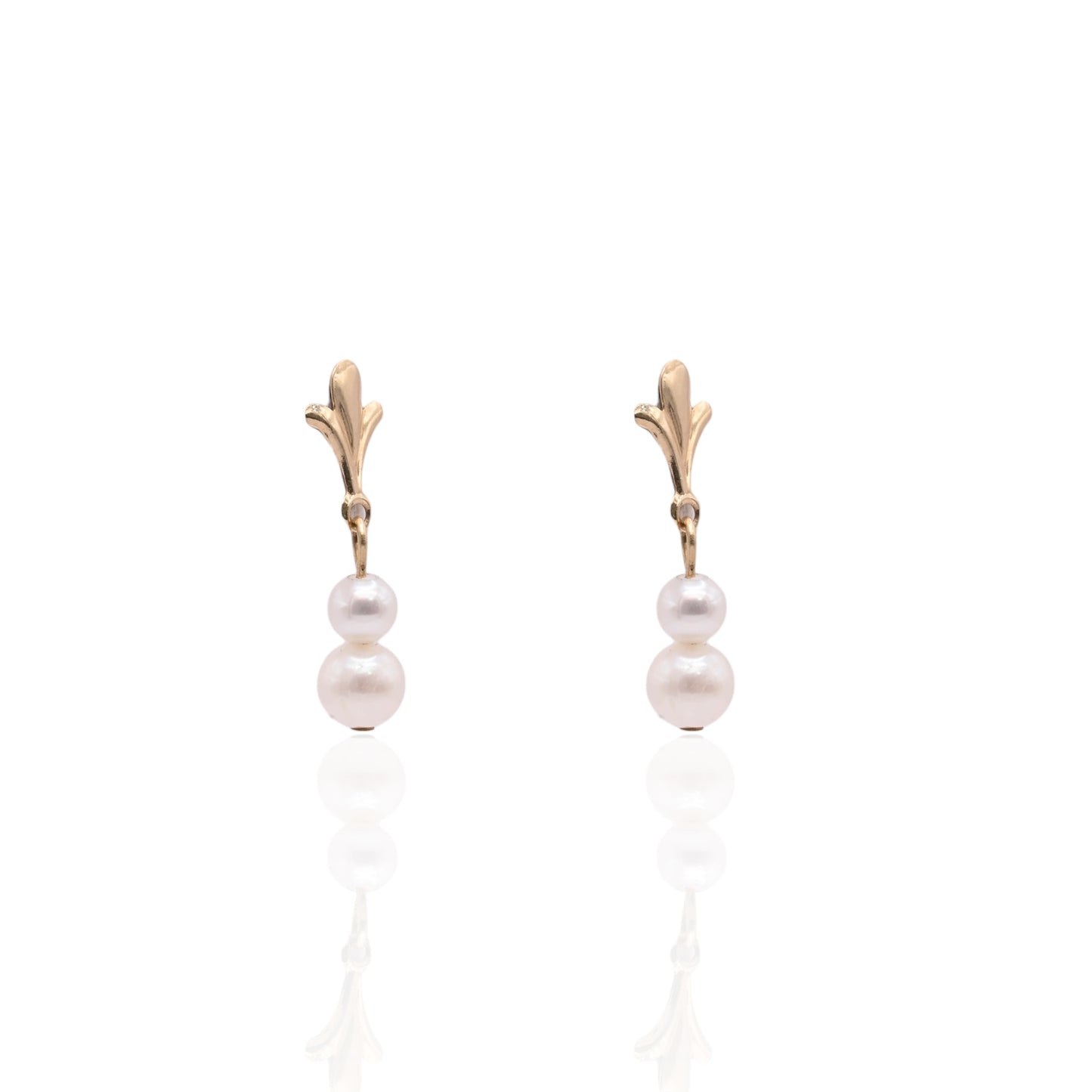 Double Pearl Flourished Dangle Earrings 14K Yellow Gold