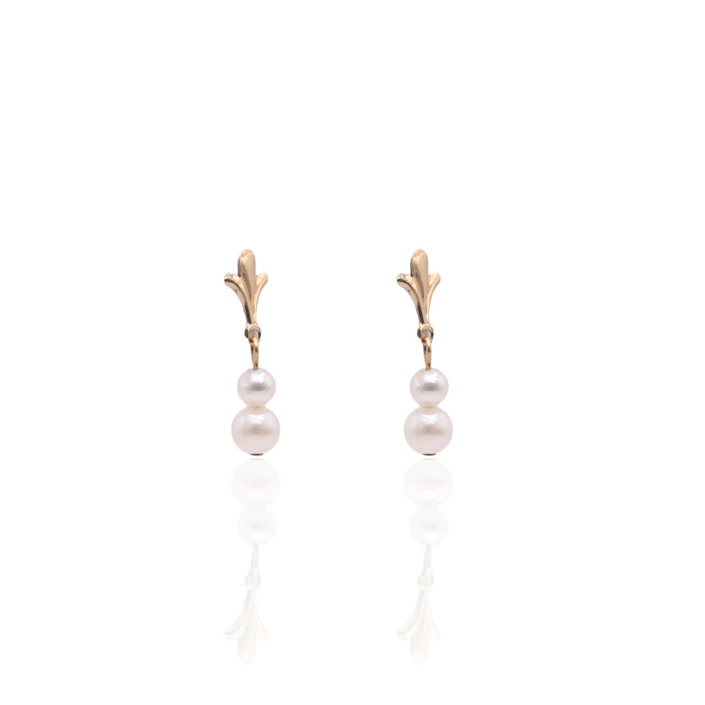Double Pearl Flourished Dangle Earrings 14K Yellow Gold