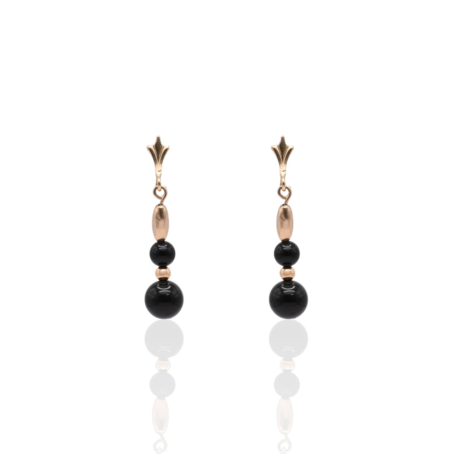 Onyx and Gold Bead Dangle Earrings 14K Yellow Gold