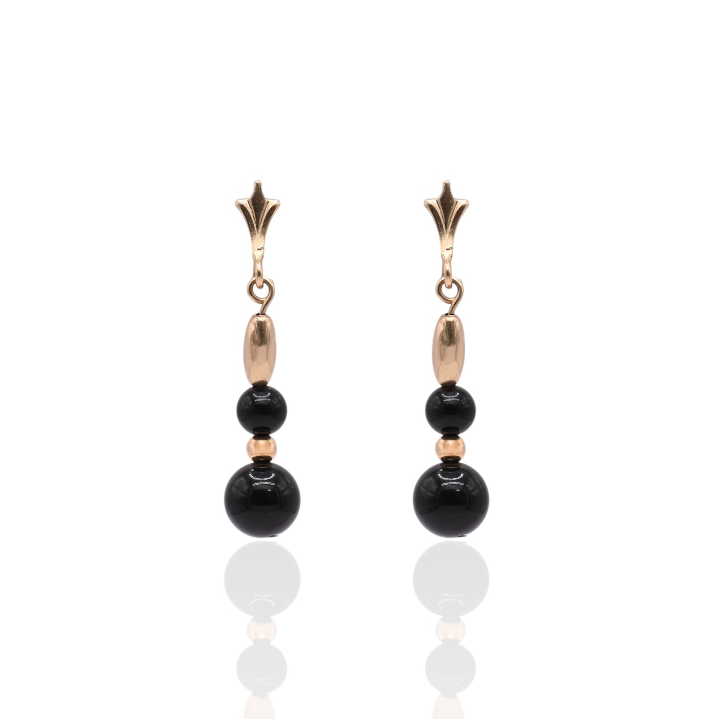 Onyx and Gold Bead Dangle Earrings 14K Yellow Gold