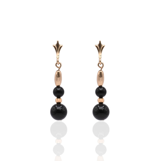 Onyx and Gold Bead Dangle Earrings 14K Yellow Gold