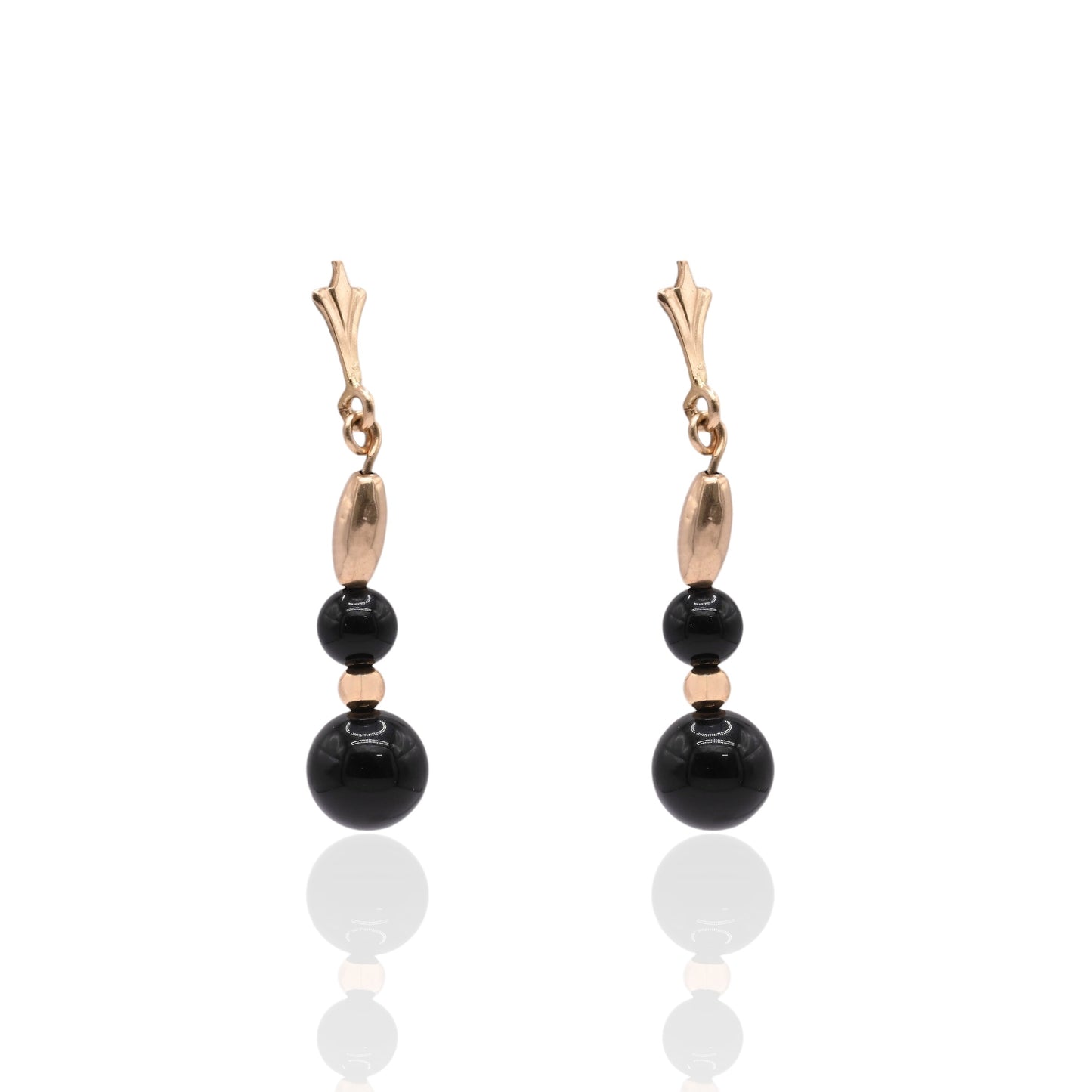 Onyx and Gold Bead Dangle Earrings 14K Yellow Gold