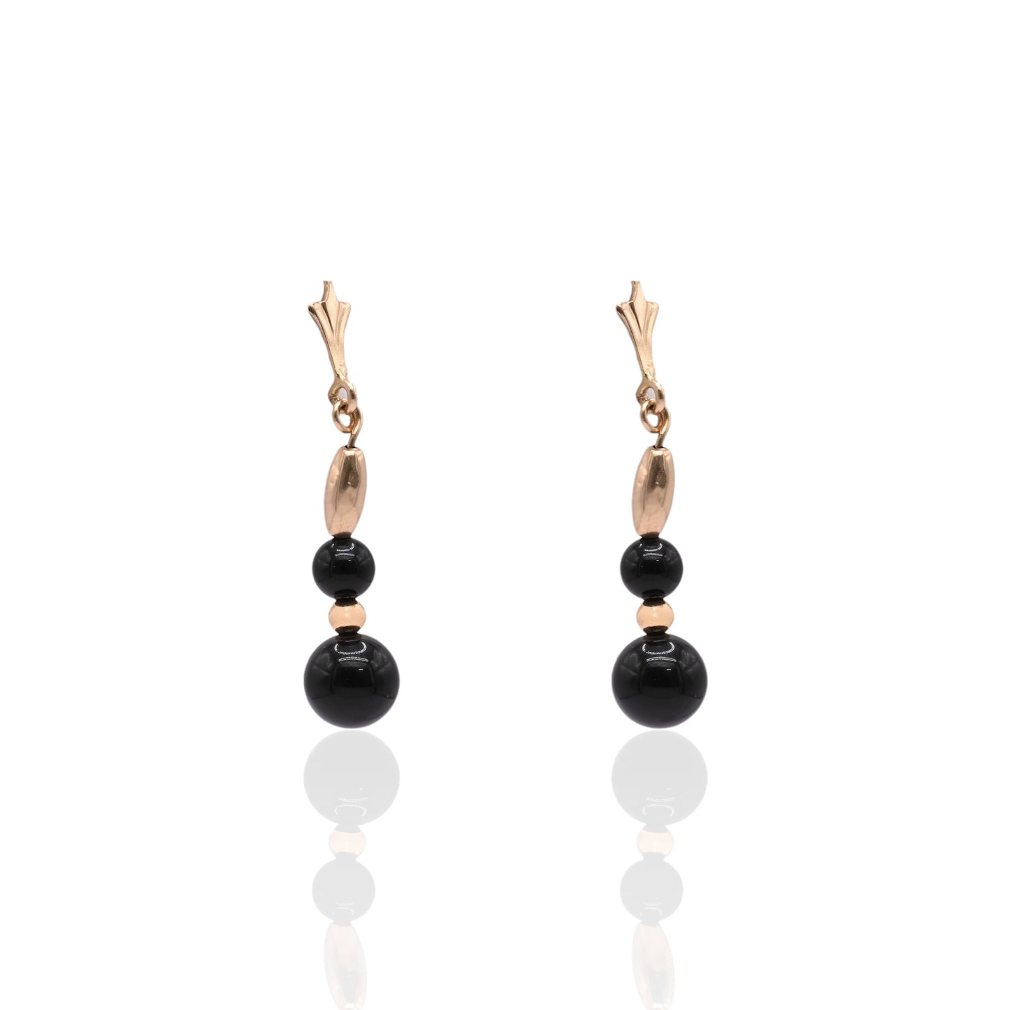 Onyx and Gold Bead Dangle Earrings 14K Yellow Gold