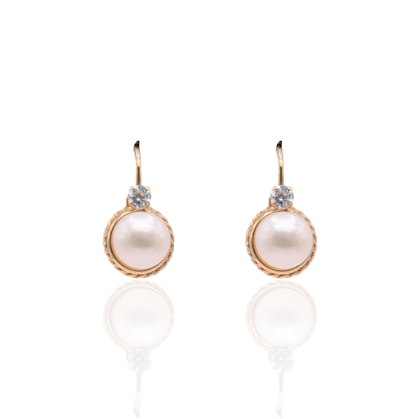 7mm Pearl Round Rope Leverback Earrings with Cubic Zirconias 14K Yellow Gold