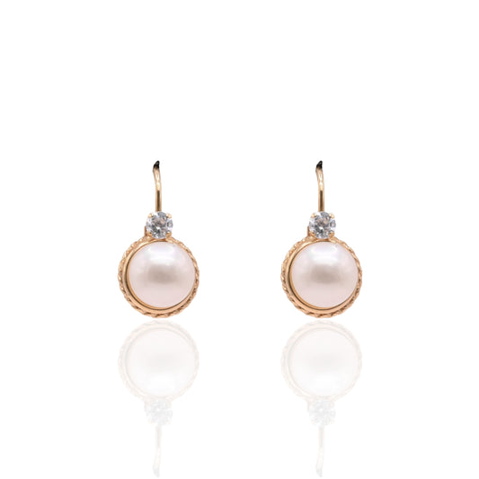 7mm Pearl Round Rope Leverback Earrings with Cubic Zirconias 14K Yellow Gold