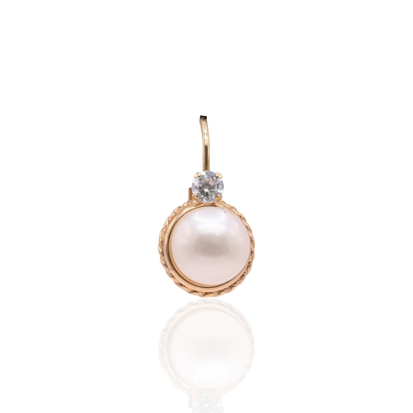 7mm Pearl Round Rope Leverback Earrings with Cubic Zirconias 14K Yellow Gold