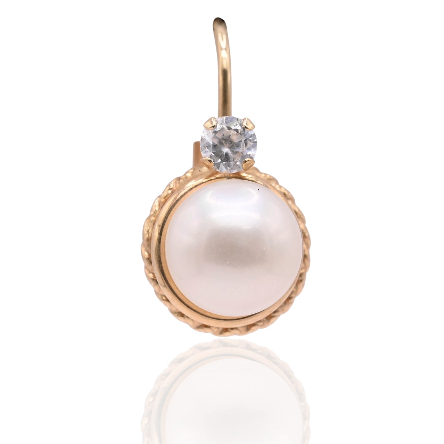 7mm Pearl Round Rope Leverback Earrings with Cubic Zirconias 14K Yellow Gold