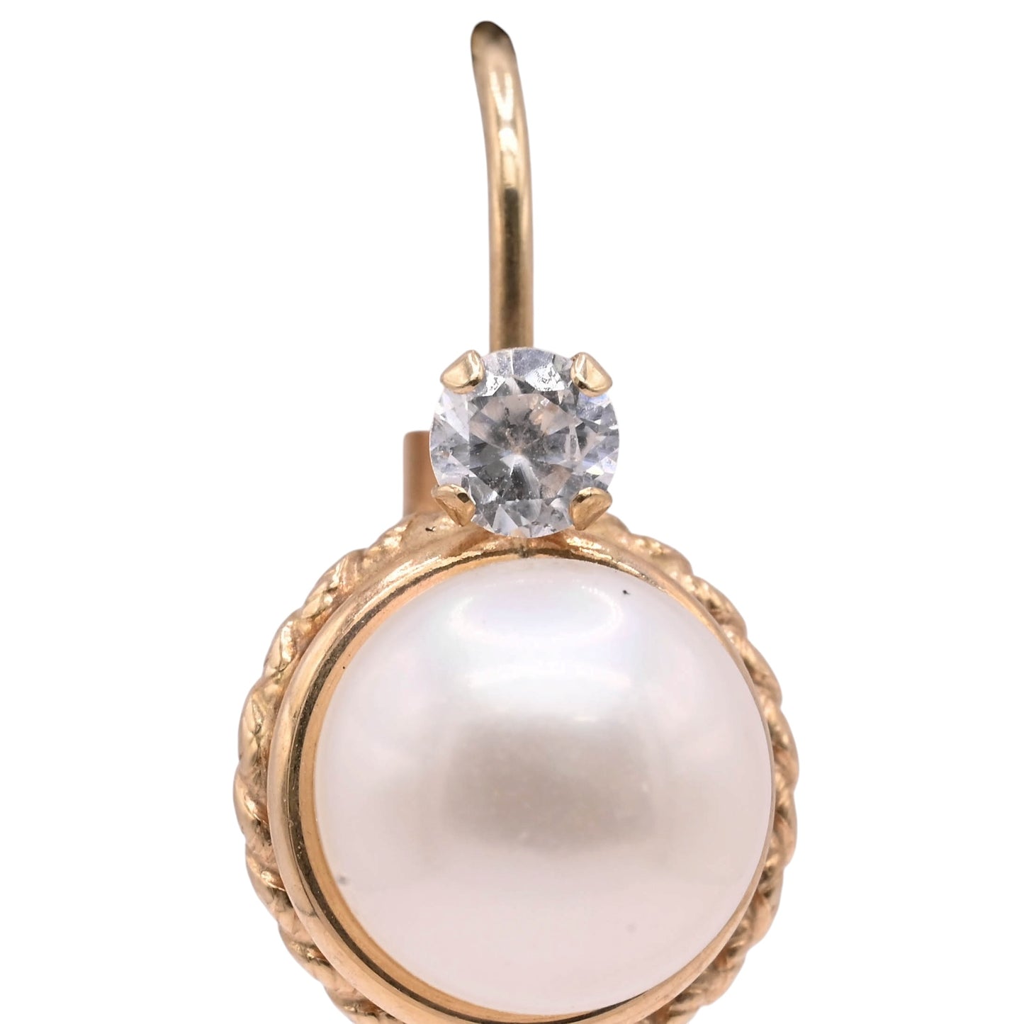 7mm Pearl Round Rope Leverback Earrings with Cubic Zirconias 14K Yellow Gold