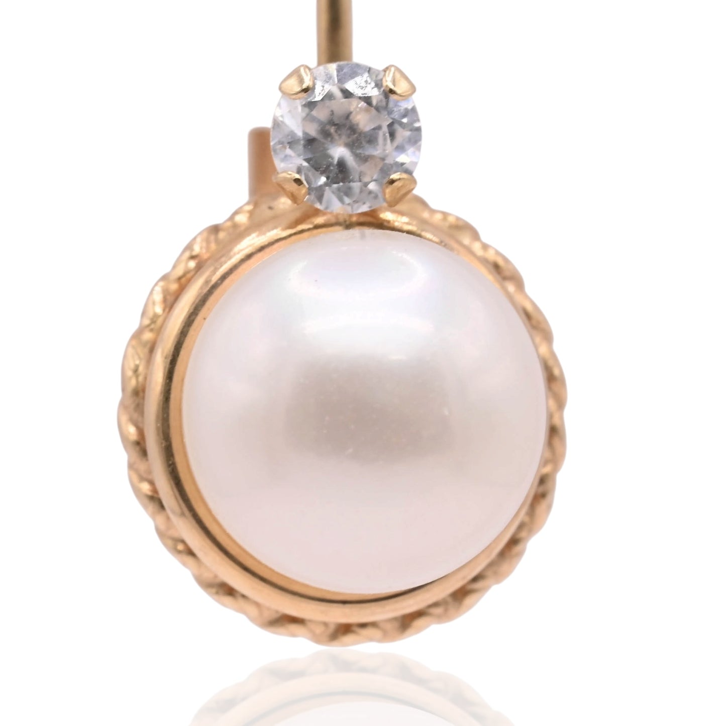 7mm Pearl Round Rope Leverback Earrings with Cubic Zirconias 14K Yellow Gold