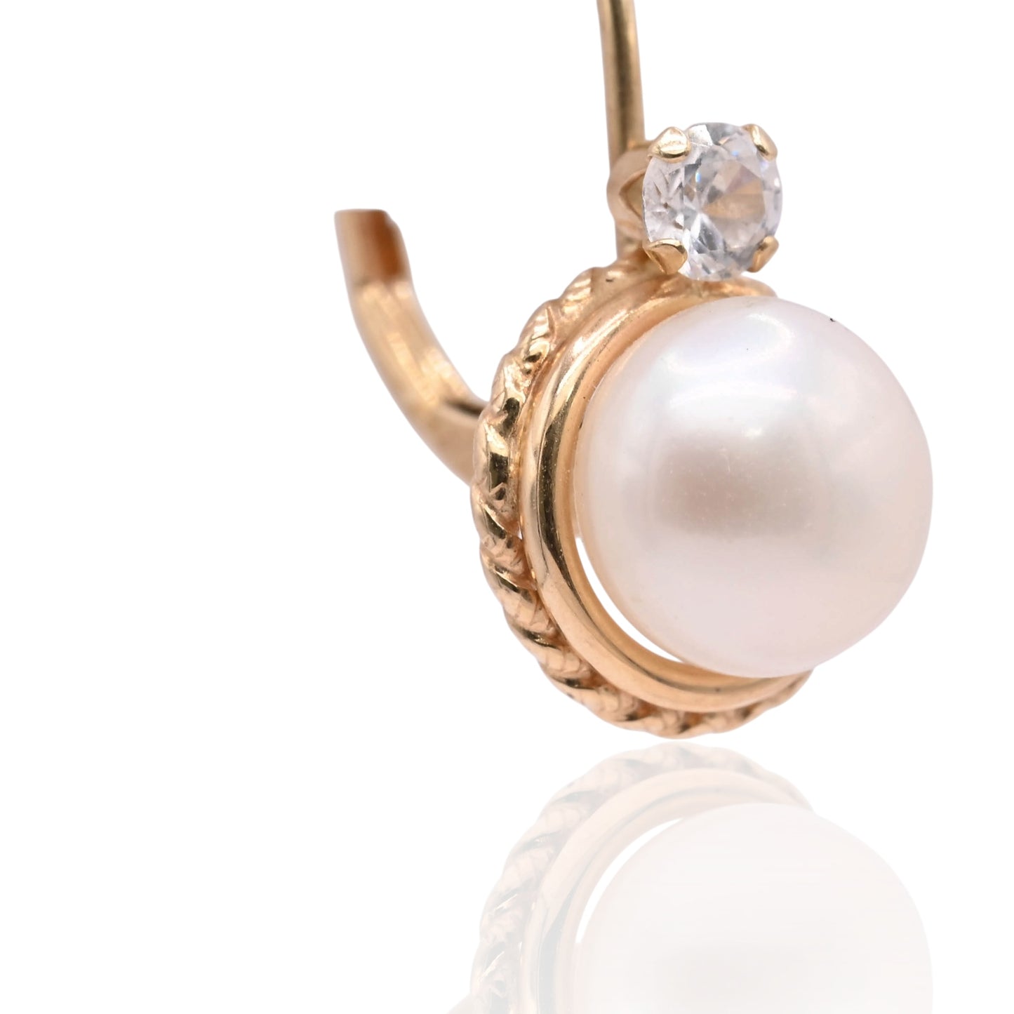 7mm Pearl Round Rope Leverback Earrings with Cubic Zirconias 14K Yellow Gold
