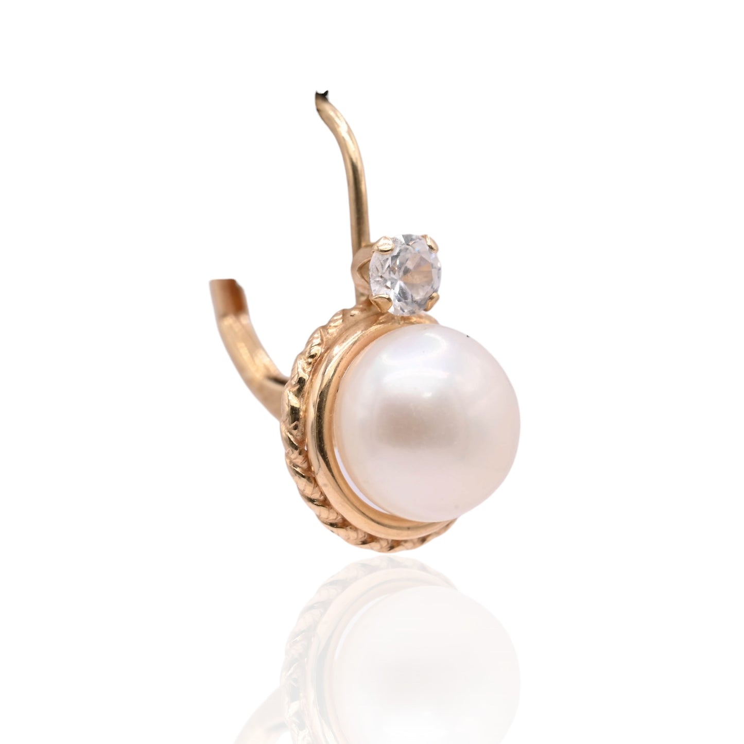 7mm Pearl Round Rope Leverback Earrings with Cubic Zirconias 14K Yellow Gold