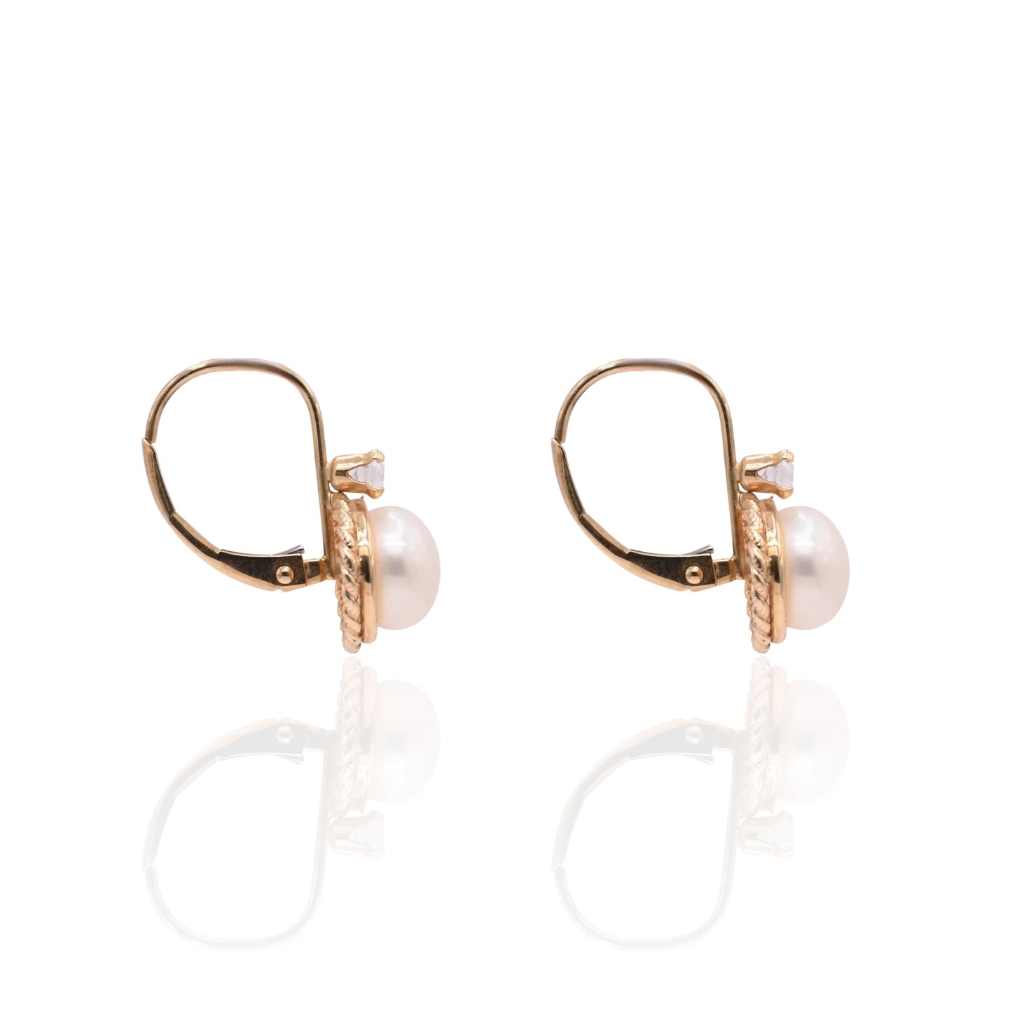 7mm Pearl Round Rope Leverback Earrings with Cubic Zirconias 14K Yellow Gold