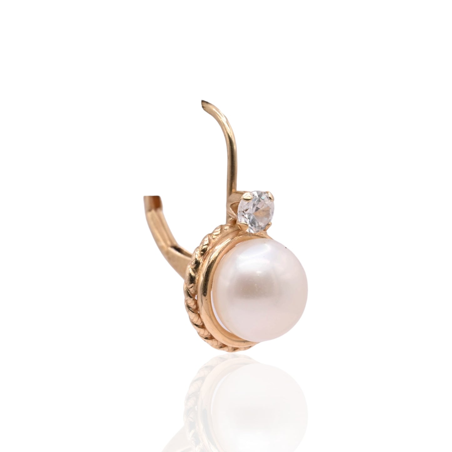 7mm Pearl Round Rope Leverback Earrings with Cubic Zirconias 14K Yellow Gold