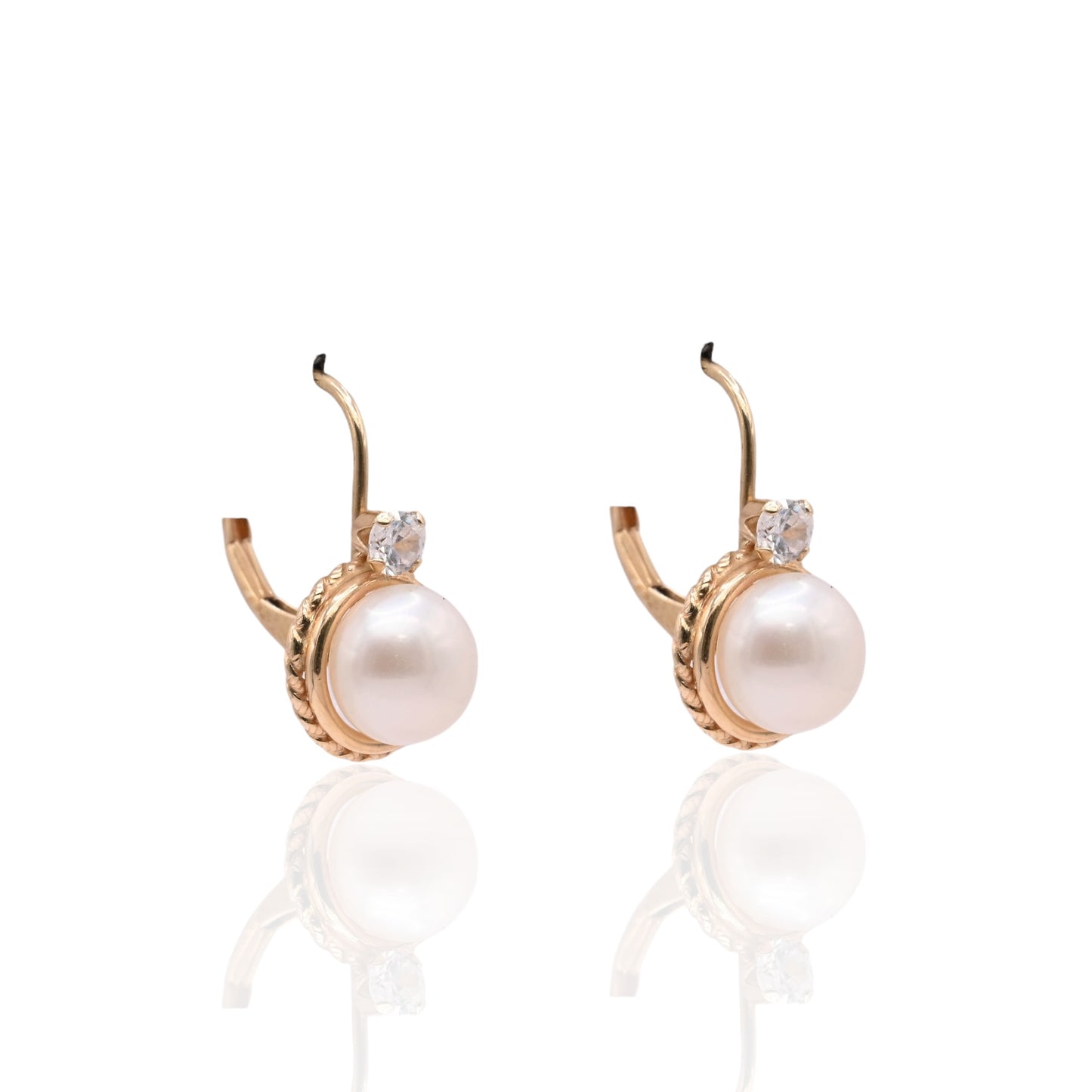 7mm Pearl Round Rope Leverback Earrings with Cubic Zirconias 14K Yellow Gold