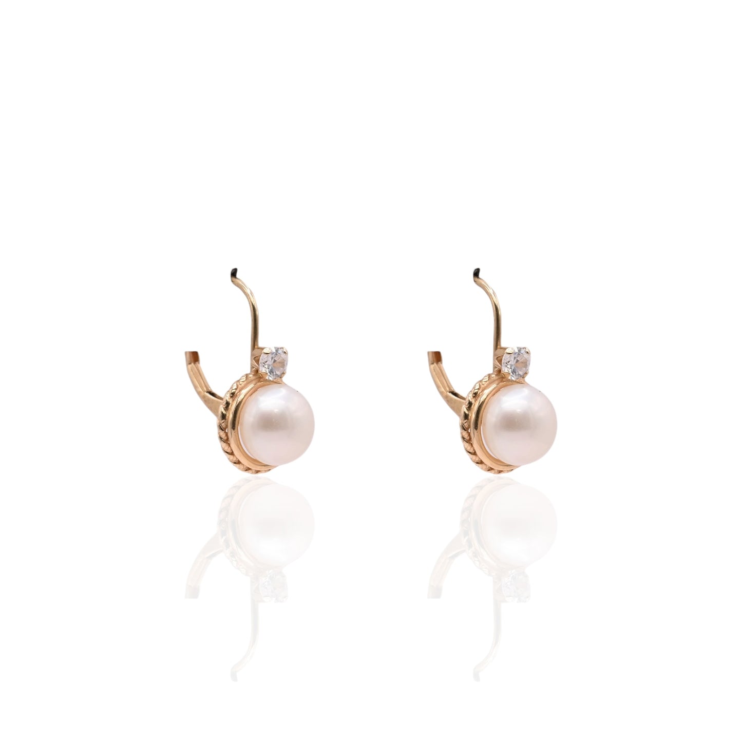 7mm Pearl Round Rope Leverback Earrings with Cubic Zirconias 14K Yellow Gold