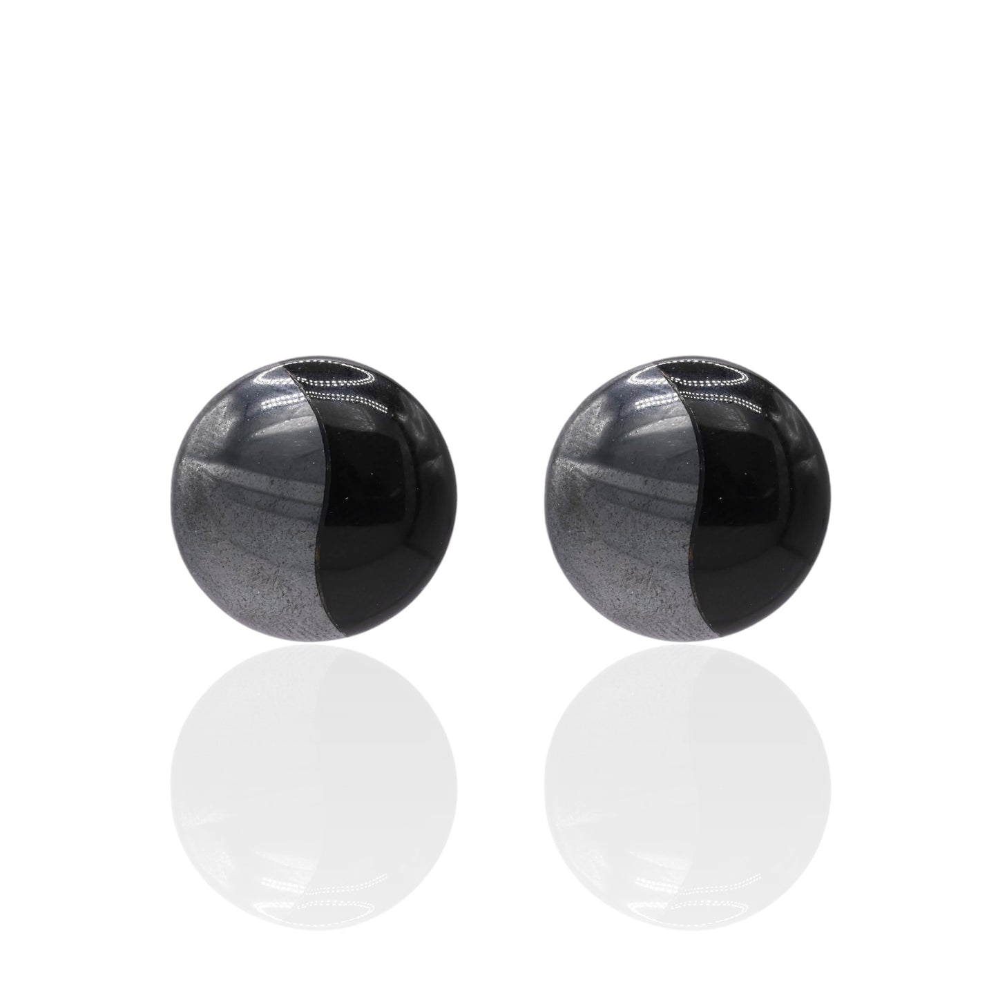 Round Onyx and Hematite Yin & Yang Split Earrings 14K Yellow Gold