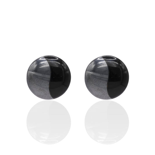 Round Onyx and Hematite Yin & Yang Split Earrings 14K Yellow Gold