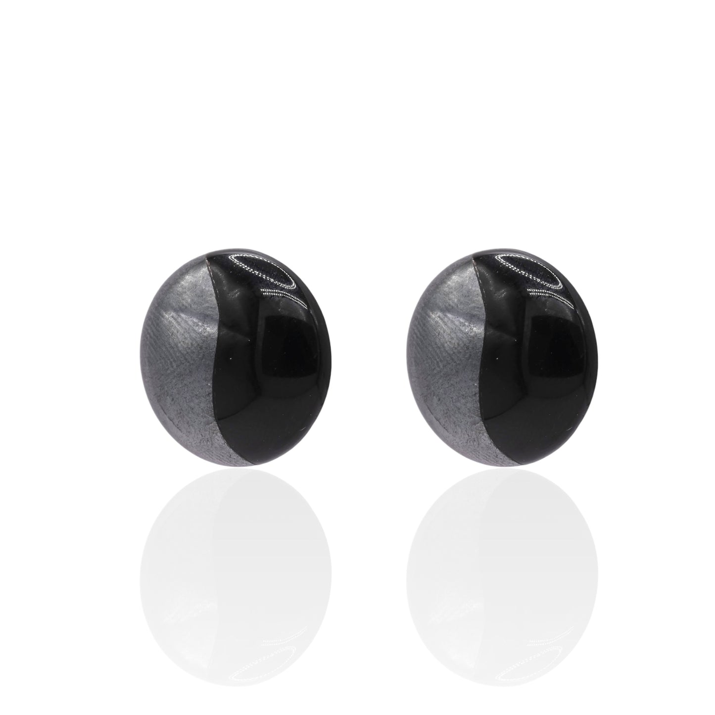Round Onyx and Hematite Yin & Yang Split Earrings 14K Yellow Gold