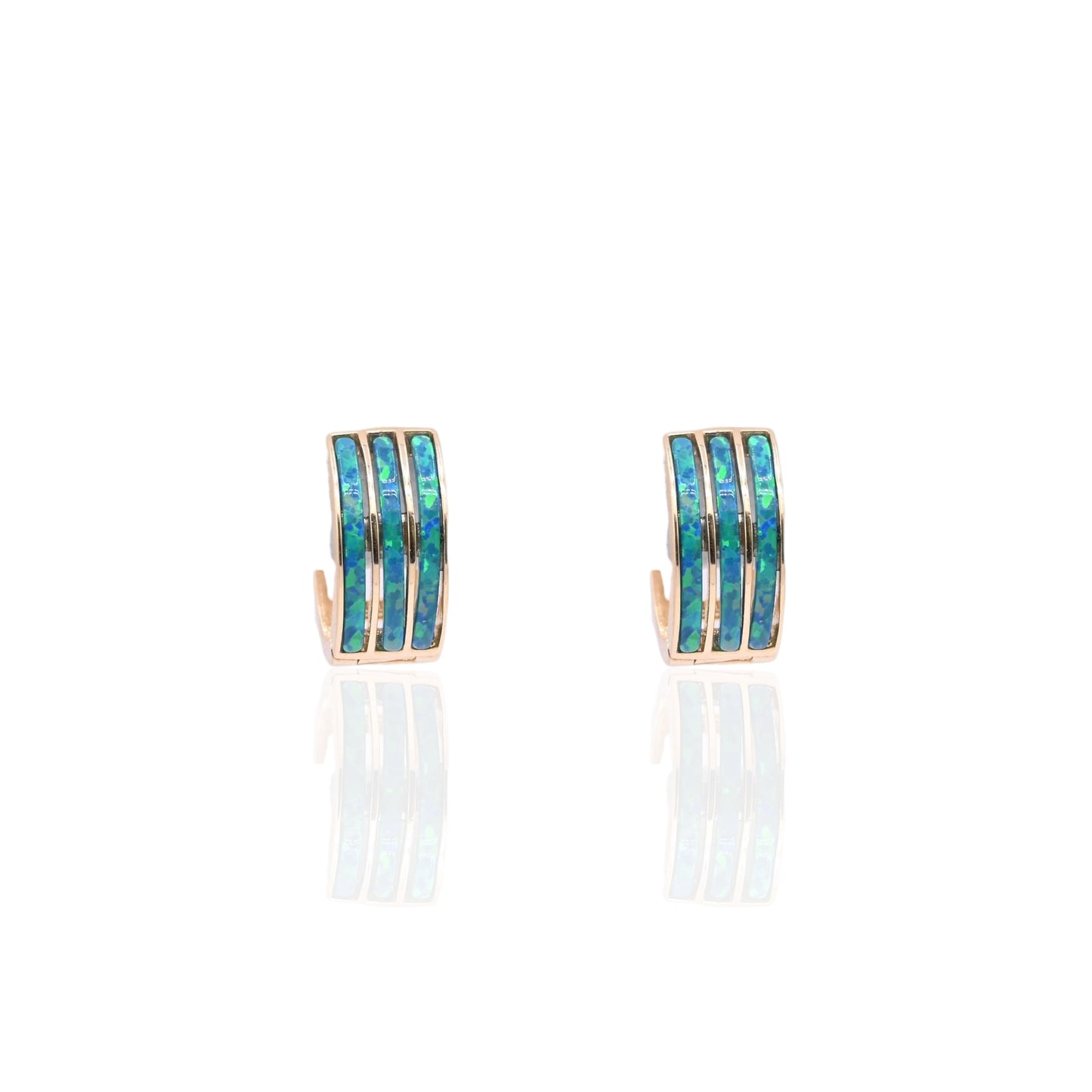 Three-Row Inlay Blue Opal Huggie Hoop Earrings 14K Yellow Gold 6.00mm Thick/12.29mm Diameter