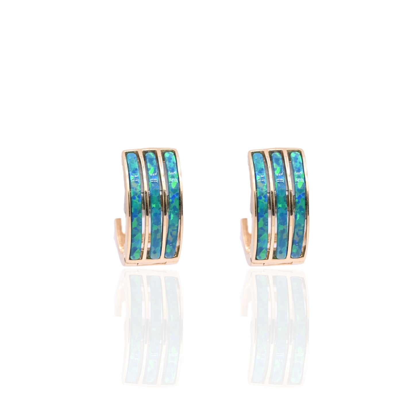 Three-Row Inlay Blue Opal Huggie Hoop Earrings 14K Yellow Gold 6.00mm Thick/12.29mm Diameter