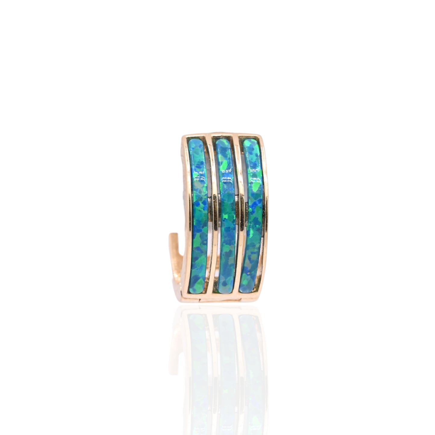 Three-Row Inlay Blue Opal Huggie Hoop Earrings 14K Yellow Gold 6.00mm Thick/12.29mm Diameter