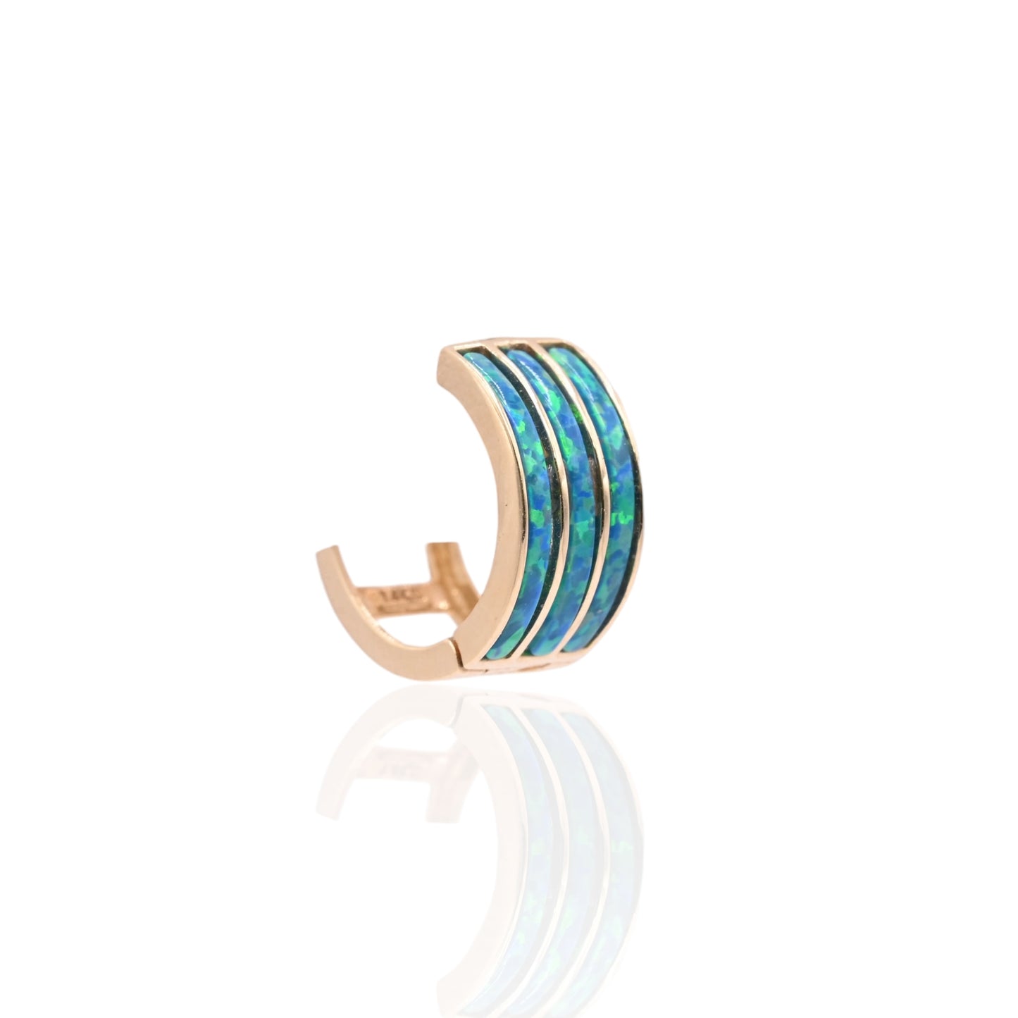 Three-Row Inlay Blue Opal Huggie Hoop Earrings 14K Yellow Gold 6.00mm Thick/12.29mm Diameter