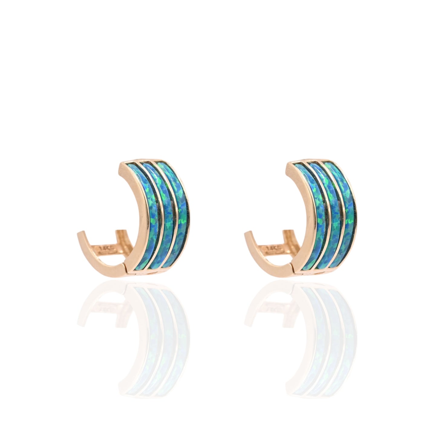Three-Row Inlay Blue Opal Huggie Hoop Earrings 14K Yellow Gold 6.00mm Thick/12.29mm Diameter