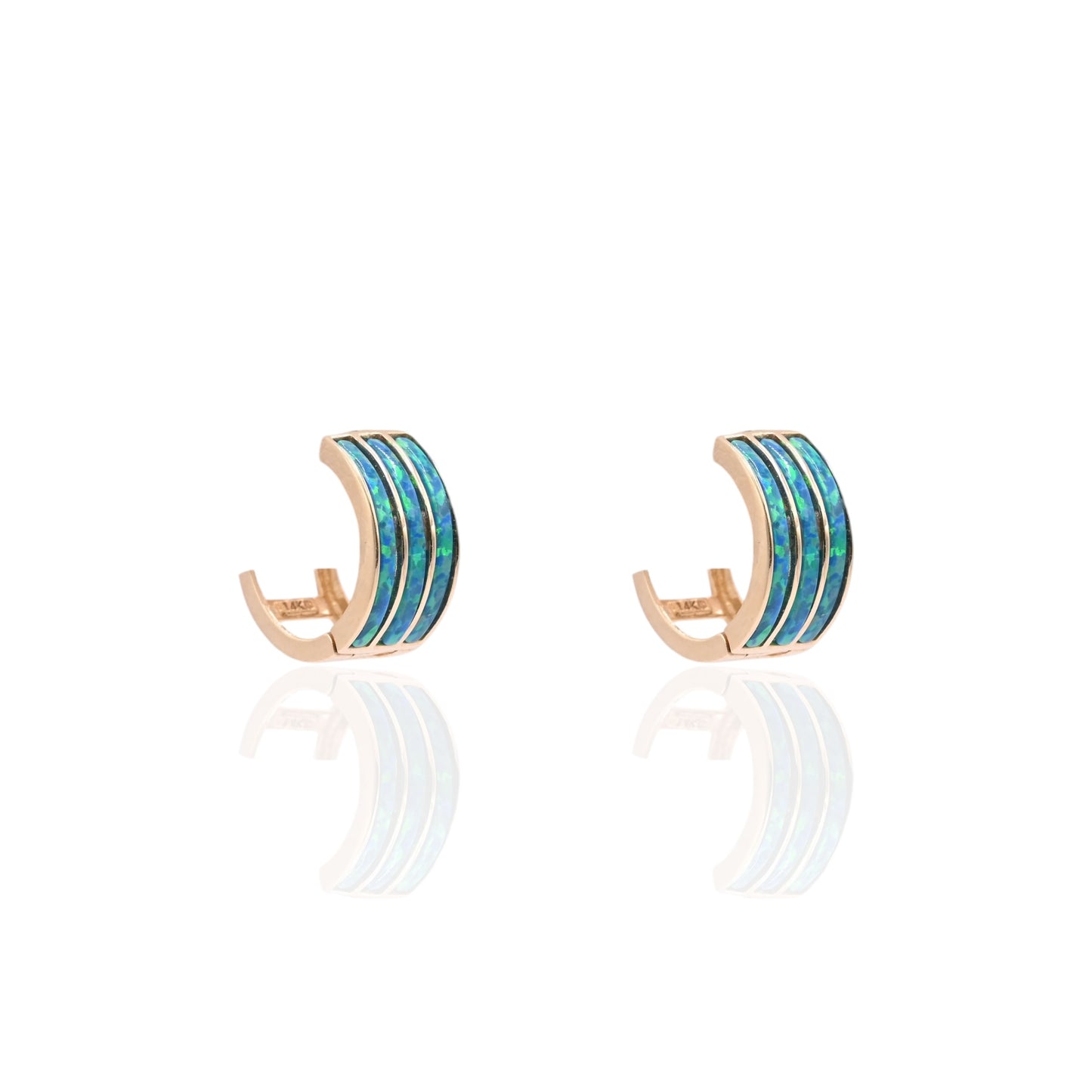 Three-Row Inlay Blue Opal Huggie Hoop Earrings 14K Yellow Gold 6.00mm Thick/12.29mm Diameter