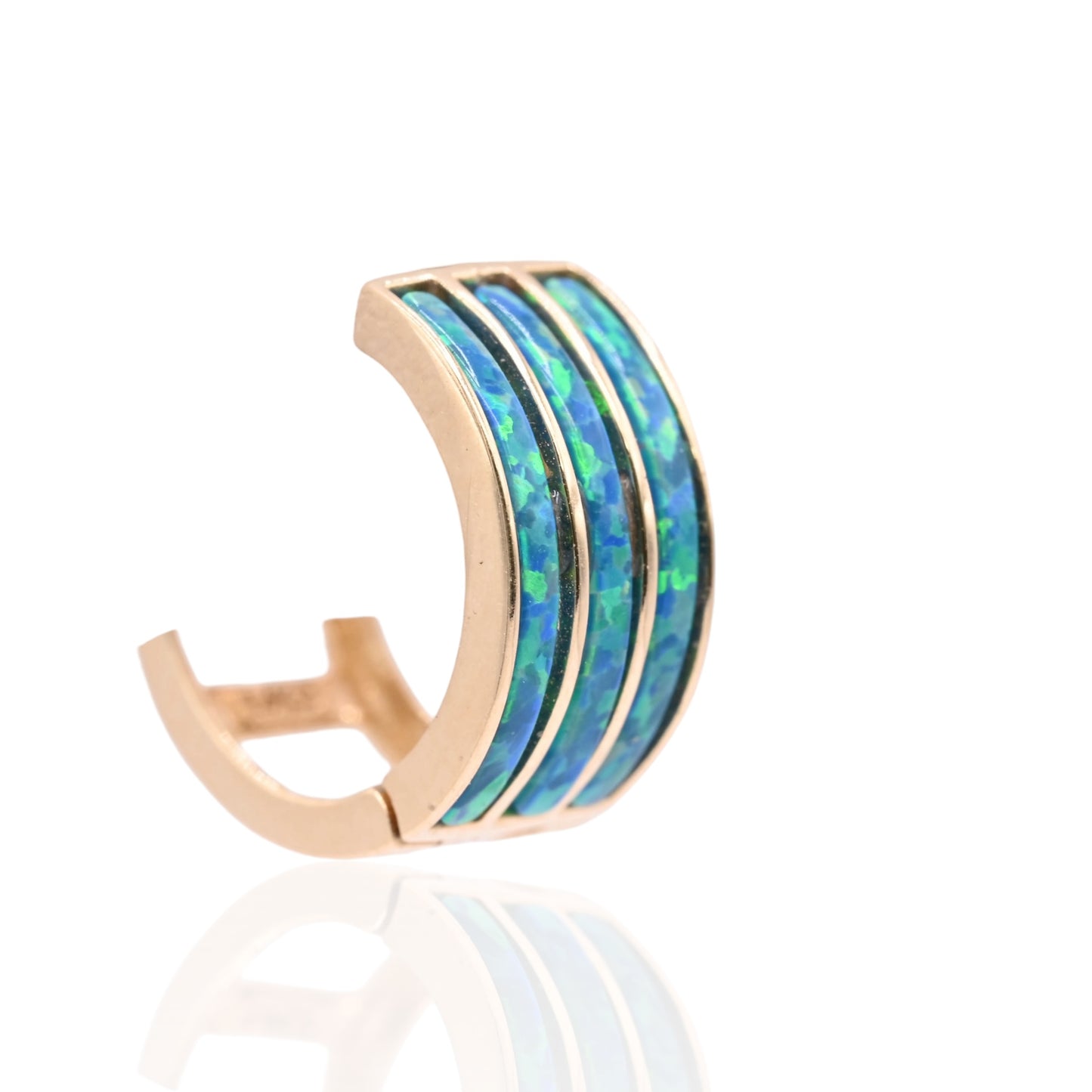 Three-Row Inlay Blue Opal Huggie Hoop Earrings 14K Yellow Gold 6.00mm Thick/12.29mm Diameter
